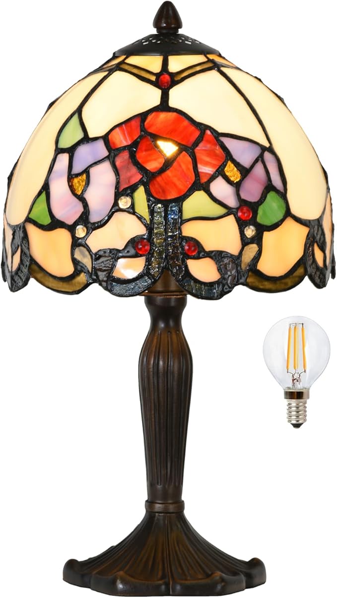 TL0010 Tiffany Lamp Rose Flowers Design Stained Glass Table Lamp 8" D x 14.25" H for Living Room Bedroom Bedside Nightstand Home Office, LED Buld Included (Rose Flower)