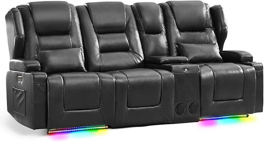 Oprisen 3-Seater Power Recliner Sofa Couch Flip Middle Backrest Reclining Sofa Chair for Living Room with Multi-Function Console/Cup Holders/LED Ambient Light