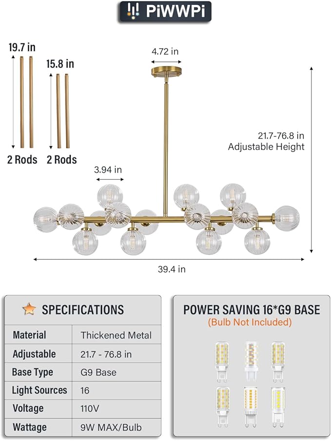 Glass Globe Sputnik Chandelier, 16-Light Mid Century Modern Light Fixture Over Table, Linear Chandeliers for Dining Room, Kitchen Island, Brass Gold and Clear Bubble, 40 Inch, GC-02