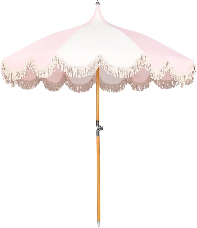 6.5ft Pagoda Beach Umbrella with Fringe, UPF 50+ Boho Umbrellas with Carry Bag, Premium Wood Pole Foldable Tassel Umbrella for Outdoor Garden Lawn Pool Yard Table