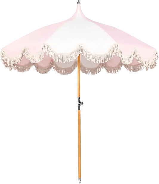6.5ft Pagoda Beach Umbrella with Fringe, UPF 50+ Boho Umbrellas with Carry Bag, Premium Wood Pole Foldable Tassel Umbrella for Outdoor Garden Lawn Pool Yard Table
