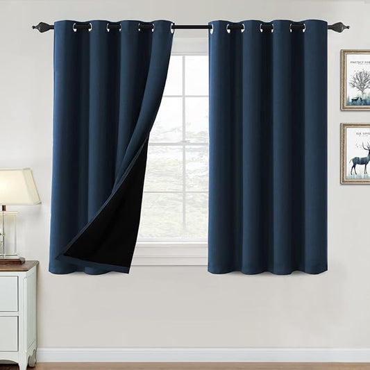 H.VERSAILTEX 100% Blackout Curtains for Bedroom Thermal Insulated Blackout Curtains 45 inch Length Full Light Blocking Curtains for Living Room with Black Liner 2 Panels Set, Navy