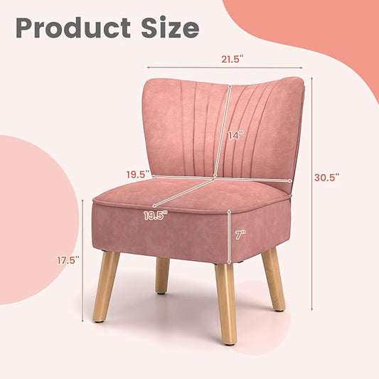 KOMFOTT Velvet Accent Chair, Modern Armless Sofa Chair with Solid Rubber Wood Legs, Wingback Leisure Chair with Thick Cushion, Upholstered Side Chair for Living Room, Bedroom, Pink