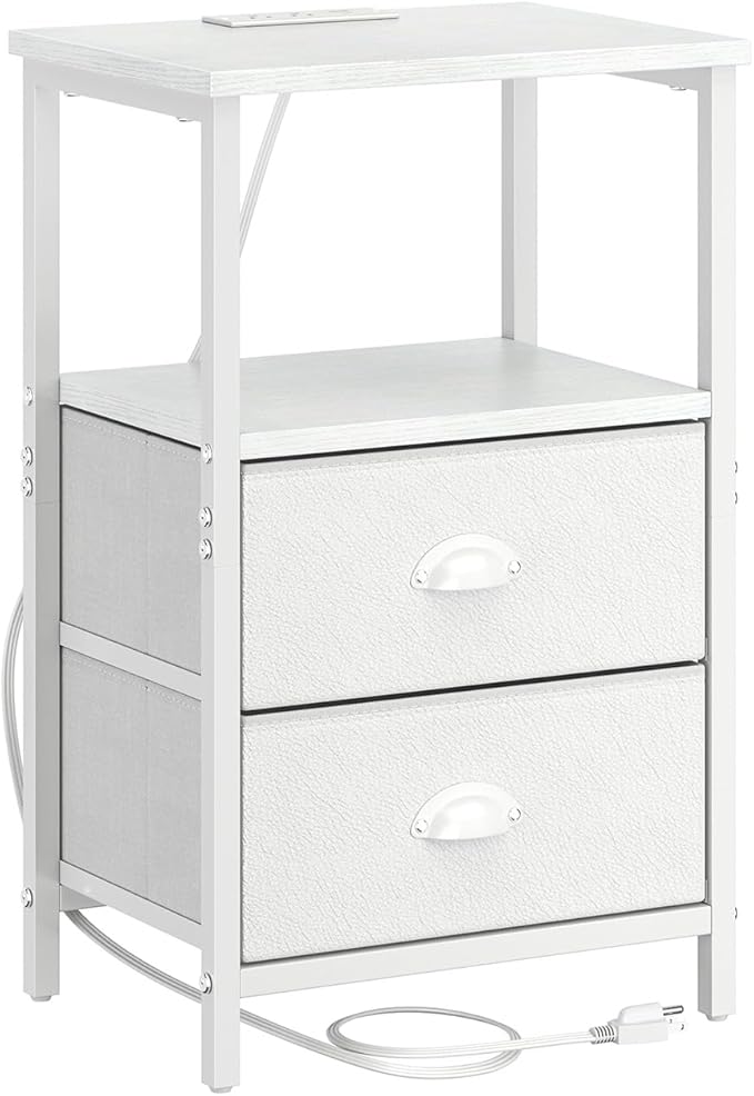 Nightstand with Charging Station, LED Night Stand Set 2, Bedside Table End Tables Set of 2, Bedroom Tables with 2 Fabric Drawers PU Finish, 3-Tier Storage Side Table for Bedroom,White