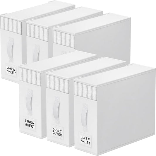 6 Pack Bed Sheet Closet Organizers and Storage,Sturdy Foldable Storage Containers with Window and Label,Storage and Organization for Bedding Sheets,Duvet Covers,Blankets (White)