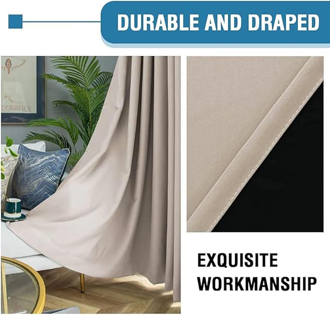 H.VERSAILTEX 100% Blackout Curtains for Bedroom Thermal Insulated Black Out Curtains 63 inch Long, Heat and Full Light Blocking Curtains for Living Room with Black Liner 2 Panels Set, Natural Sand