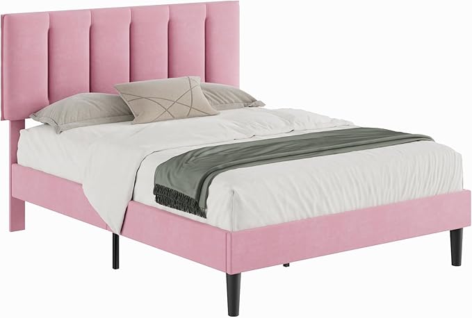 VECELO Queen Bed Frame with Upholstered Headboard, Heavy-Duty Platform Bedframe with Strong Wooden Slats Support, No Boxing Spring Needed, Pink