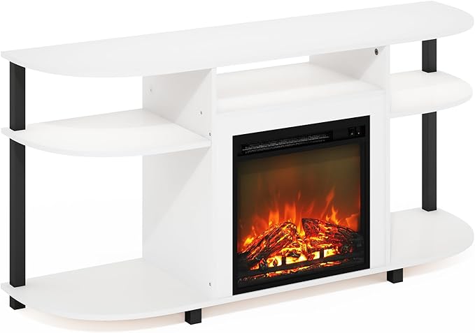 Furinno Jensen Fireplace TV Stand, Curved Entertainment Center, TV Console for TV up to 55 Inch with Fireplace and Open Storage, for Living Room, Bedroom, Solid White