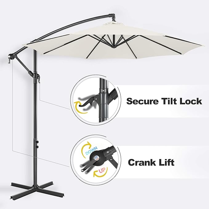 FLAME&SHADE 10ft Cantilever Patio Umbrella Outdoor, Large Offset Umbrella with Crank and Cross Base, UPF 50+ UV Protection Hanging Umbrella for Pool Deck Garden, Ivory