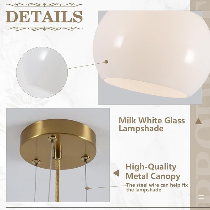 BOKT Gold Dome Pendant Lighting Milk White Globe Glass Pendant Light Adjustable Hanging Lamp 2-Pack Ceiling Lighting Nordic Creative Glass Kitchen Lights for Living Room Bedroom Dining Room