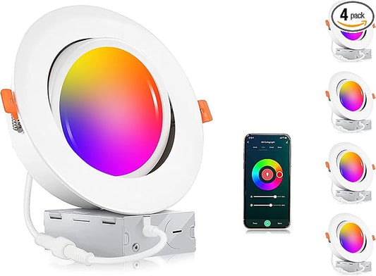 CLOUDY BAY [4 Pack] 6 inch Gimbal Smart WiFi LED Recessed Lights,RGBCW Color Changing,Compatible with Alexa and Google Home Assistant,No Hub Required,15W 2700K-6500K, IC Rated