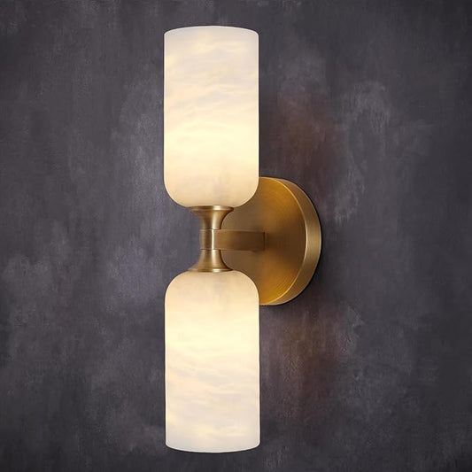 Alabaster Wall Sconces, 14" Modern Spanish Natural Marble Vanity Light, Dimmable Hardwired Brass Gold Wall Sconce Lighting for Bathroom Mirror, Bedroom, Living Room, Luxury Natural Stone Wall Fixtures