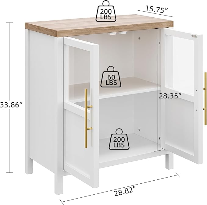GarveeHome Sideboard Buffet Cabinet with 2 Glass Doors, 29.5 in Buffet Table Coffee Bar Wine Bar Display Cabinet for Kitchen Dining Room, Living Room (Glass with 2 Doors, White)