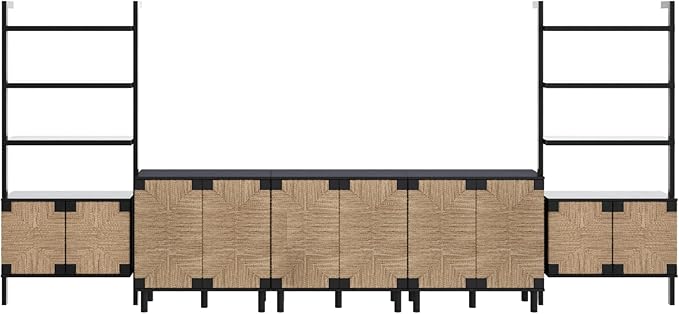 Nathan James Beacon Bohemian TV Stand, TV Wall Unit with Shelves and Accent Storage Cabinet with Solid Wood Legs and Seagrass Door Fronts, Brushed Black