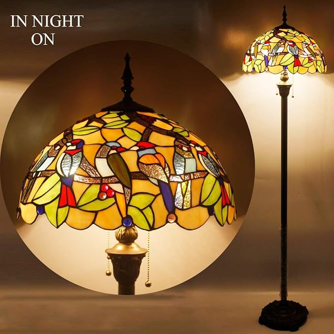 WERFACTORY Tiffany Floor Lamp Double Birds Amber Stained Glass Standing Reading Light 16X16X64 Inches Antique Pole Corner Lamp Decor Bedroom Living Room Home Office S805 Series