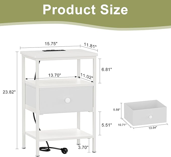 VECELO Bedside Tables with Charging Station,Nightstand with Storage Shelf&Fabric Drawer,End Tables for Bedroom,Living Room,Small Spaces,White