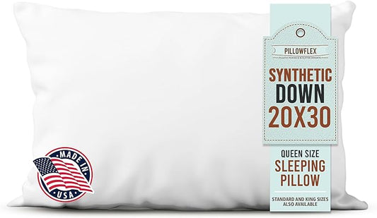 Pillowflex Synthetic Down Sleeping Pillows - Queen Size - Medium Firmness for Back, Side & Stomach Sleepers - Ideal for Queen Size Beds - Comfortable Pillow for Sleeping