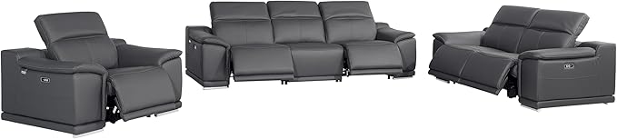 BlackJack Furniture Venice Top Grain Italian Leather Recliner 6 Seater 5 Power 3 Piece Sofa Set with Adjustable Headrests Modern Seating Sofa, Loveseat and Chair for Living Room Lounge, Dark Grey