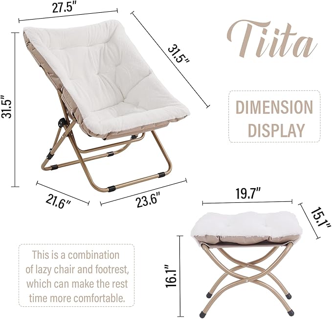 Tiita Folded Chair with Ottoman, Soft Faux Fur Oversized Folding Accent Chair,Lazy Chair, Metal Frame Moon Chair for Bedroom, Living Room, Dorm Rooms, Garden and Courtyard