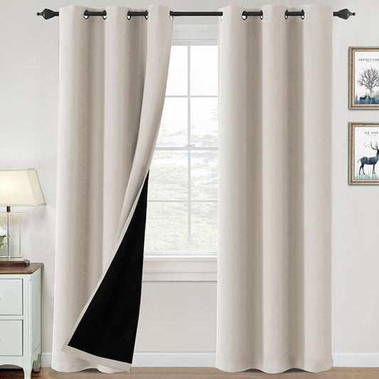 H.VERSAILTEX 100% Blackout Curtains for Bedroom Thermal Insulated Blackout Curtains Heat and Full Light Blocking Curtains for Living Room with Black Liner 2 Panels Set, 42 x 84 Inch, Fog