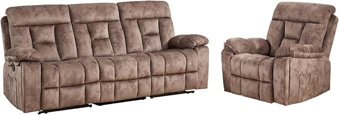 CANMOV Recliner Sofa Set, Power Lift Recliner with Massage&Heat and 3 Seat Sofa, Reclining Sofa with Overstuffed Armrest, Hidden Cup Holders, for Living Room, Camel-Brown