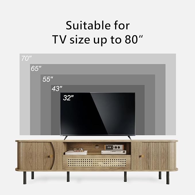 basenji 71" Fluted TV Stand with Sliding Doors & Rattan,Mid Century Modern Entertainment Center with Storage,Curved Edge Design,Media Console for TVs up to 85",TV Consoles for Living Room,Oak