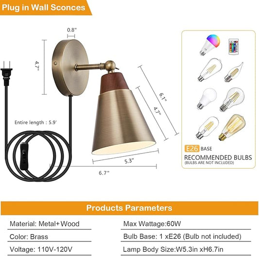 Wall Sconce Set of 2, Wall Sconce with Metal Shade, Plug Switch, Indoor Decor Wall Mount Swing Arm Lamp for Bedroom,Hallway,Living Room,Reading, Vintage Brass