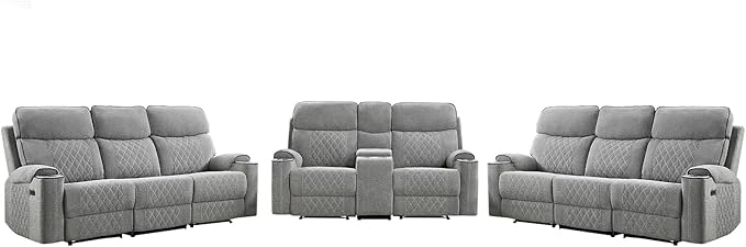 HAOMARKETS 3-Piece Power Recliner Sofa Set with Charging Port, Include 2-Seater Loveseat Reclining Couch with Hidden Storage and Cup Holders and 2 3-Seater Recliner Couches for Living Room, Light Grey