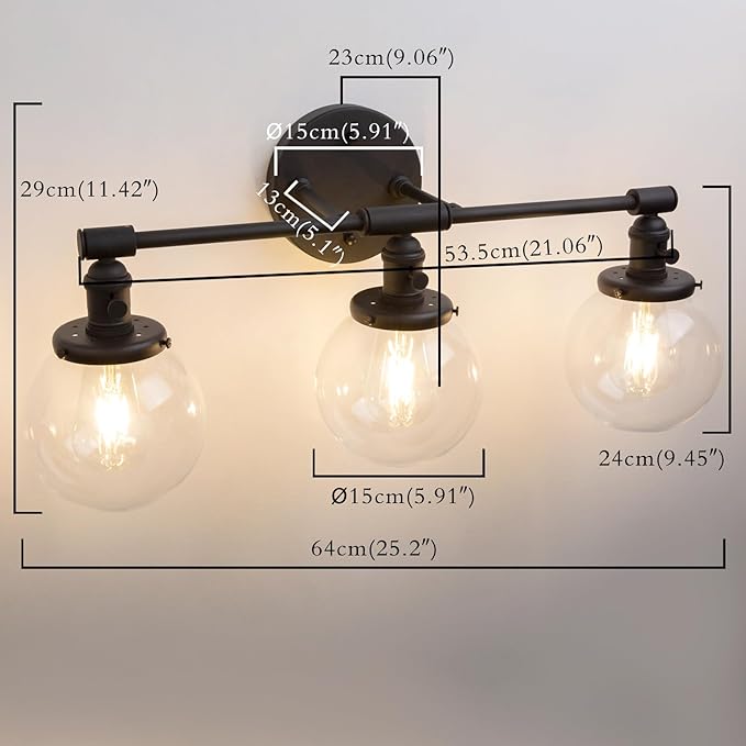 PERMO Vintage Wall Sconce Antique 3 Lights Modern Vanity Light Over Mirror Sconce with 5.9" Round Clear Glass Globe Shade (Black)