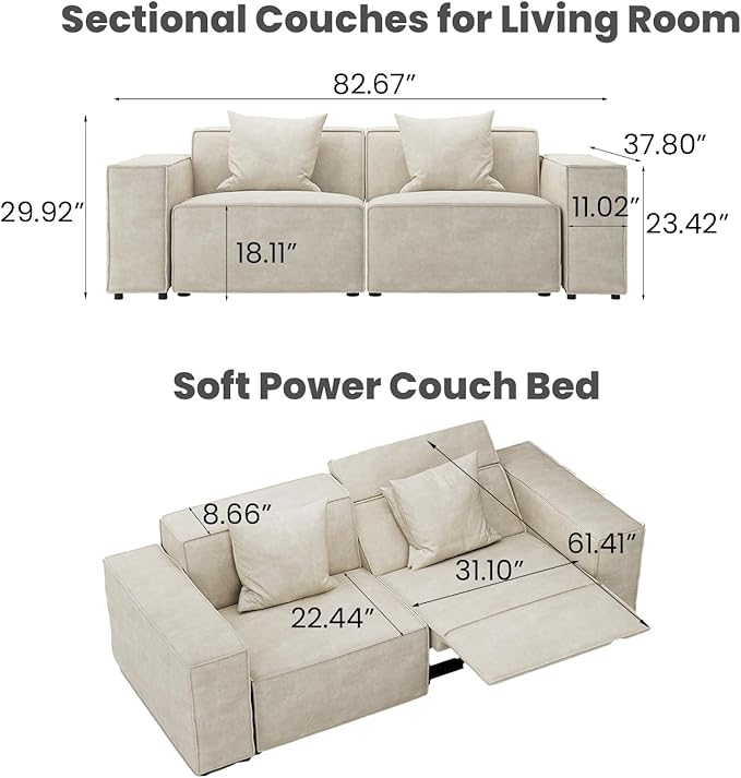 85" Power Sofa,Modular Sectional Couches for Living Room, Modern Large Reclining Loveseat, Comfy Velvet Cloud Couch with Deep Seat, Pet Friendly, Free Combination for Home(Beige)