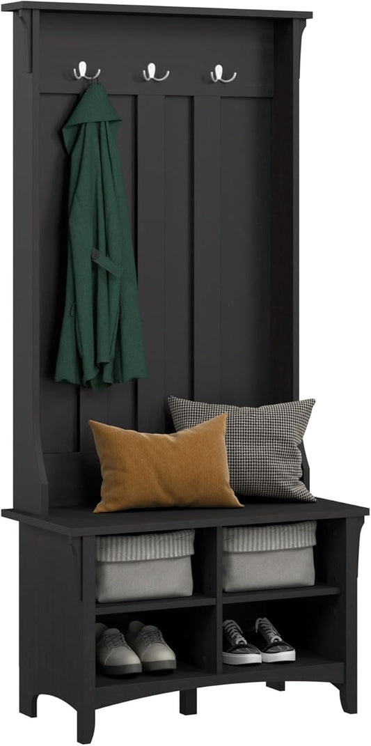 Bush Home Salinas Hall Tree with Shoe Storage Bench in Vintage Black, Multi-Purpose Home Organizer, Entryway Solution with Seating and Hooks
