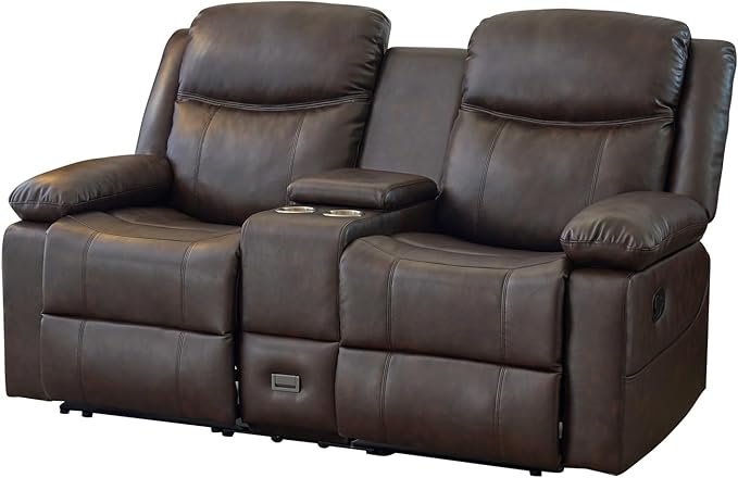 Loveseat Recliner Sofa, PU Leather Sofa Couch, Manual Recliner Loveseat with Console, Double Reclining RV Sofa with Cup Holders and Side Pocket for Living Room/Office/Apartment (Brown) | Heating & Massage, Hidden Drawer