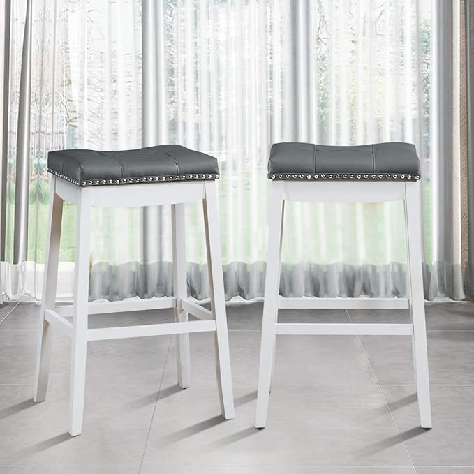 COSTWAY Bar Stools Set of 2, 29-Inch Height Backless Counter Stool with Footrest, Soft Seat Cushion, Wood Legs and Non-Slip Foot Pad, Saddle Stools for Home Kitchen Living Room, Stone Gray+White