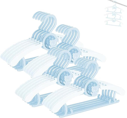 HGYZE Kids Hangers 11"-14" Adjustable Plastic Baby Boy Hangers 20 Pack, Toddler Bear Hanger for Children's Clothes Sweaters, Infant Hangar for Closet with Non-Slip Shoulder Grooves & Pants Bar, Blue