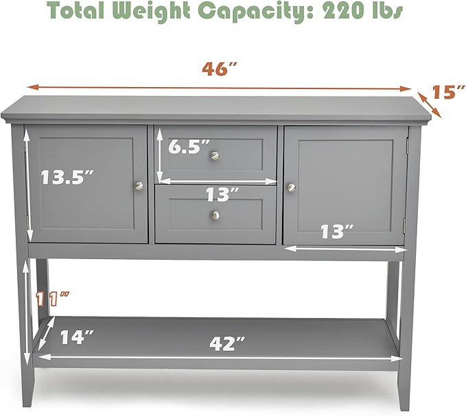 LOKO Buffet Cabinet with Storage, Multifunctional Console Table with Ample Storage Space, Sideboard with Drawers for Kitchen, Dining Room, Living Room or Entryway, 46 x 15 x 34 inches (Grey)