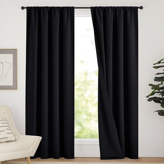 NICETOWN Cold Reducing Thermal Curtains, Full Blackout Curtains 84 Inches Long for Dining Room, Soundproof Window Treatment Drapes for Hall Room, Black, 52 inches Wide Per Panel, Set of 2 Panels