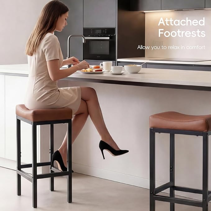 Counter Height Bar Stools Set of 2, 30 Inch Bar Stools for Kitchen Counter, Faux Leather Bar Stool, Saddle Barstool with Footrest & Heavy-Duty Metal Base, Easy Assembly, Brown