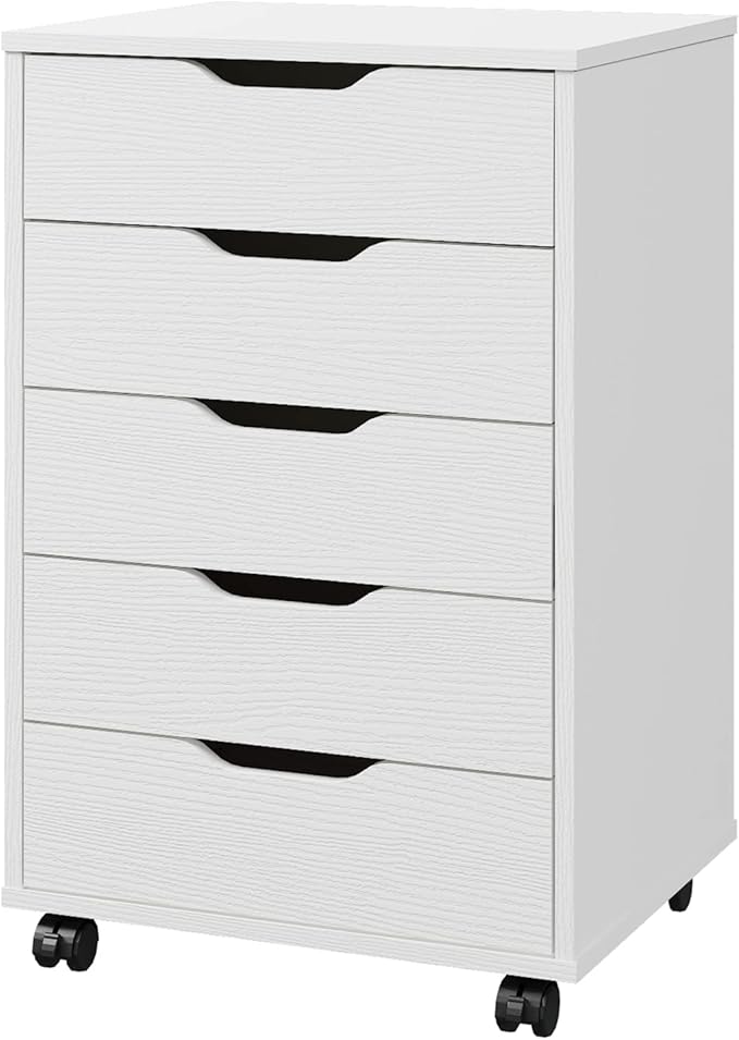 Panana 5/7 Drawer Chest, Wooden Tall Dresser Storage Dresser Cabinet with Wheels, Office Organization and Storage, Bedroom Furniture (White, 5 Drawer)