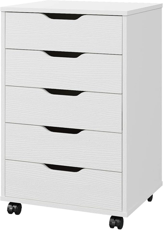 Panana 5/7 Drawer Chest, Wooden Tall Dresser Storage Dresser Cabinet with Wheels, Office Organization and Storage, Bedroom Furniture (White, 5 Drawer)