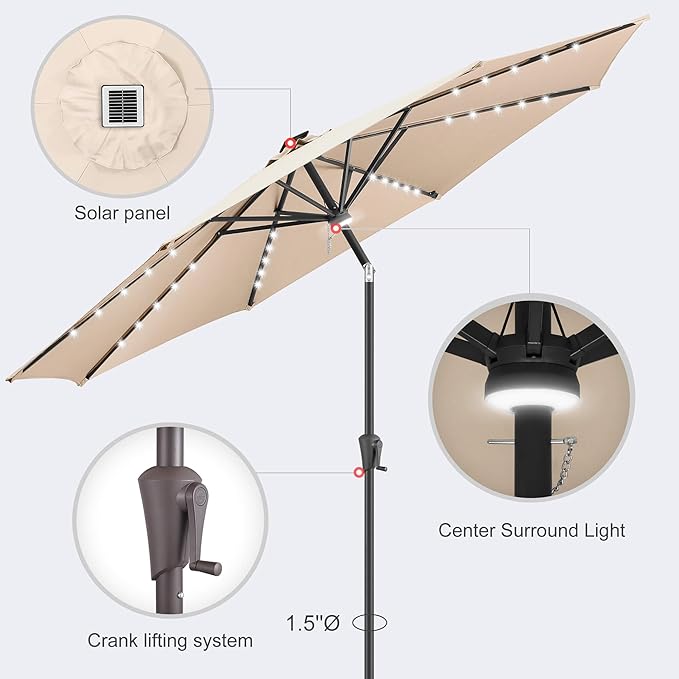 10ft Solar Umbrella Outdoor - Lighted Solar Patio Umbrella with 40 LED Lights Waterprool UV Protection, Table Umbrella with Tilt for Pool, Porch, Garden, Deck, Backyard (Beige)
