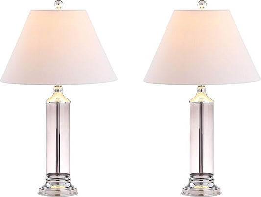 JONATHAN Y 29" Smoked Gray Glass LED Table Lamp Set of 2, Modern Bedside Nightstand Lamps for Living Room Bedroom Office, White Linen Shade, Transitional Decor (JYL4014B-SET2)