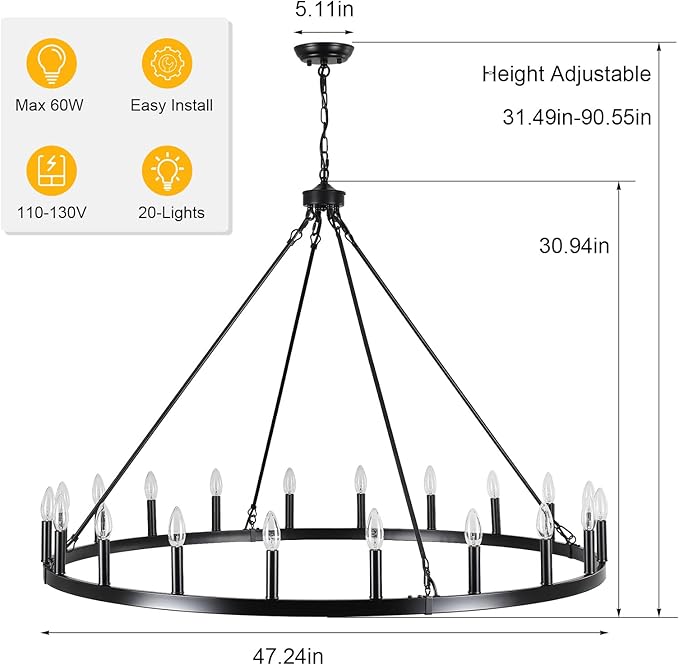 Black Wagon Wheel Chandelier 20-Light 48" Large Black Farmhouse Chandelier High Ceiling Light Fixture for Living Room Entryway Hallway Kitchen Island