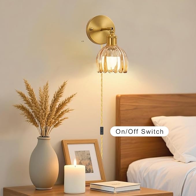 Plug in Wall Sconces Set of 2, Vintage Wall Lamp with Plug in Cord Amber Tulip Shade Decor Indoor, Gold Wall Light for Bedroom Bedside Kids Living Room Bathroom