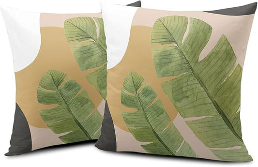 Tropical Green Leaves Throw Pillow Covers Summer Plant Couch Cover Brown and White Pillow Cases 16x16 Inch Set of 2 Cotton Blend Farmhouse Decor for Chair Bed Car