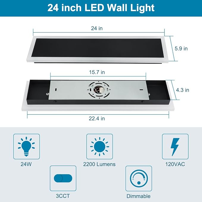 24inch Modern Outdoor Wall Light Porch Light LED Long Wall Light Fixture IP65 Waterproof Wall Lamps, Dimmable 24W 2200LM Black Wall Sconce, 3000/4000/5000K Selectable, ETL