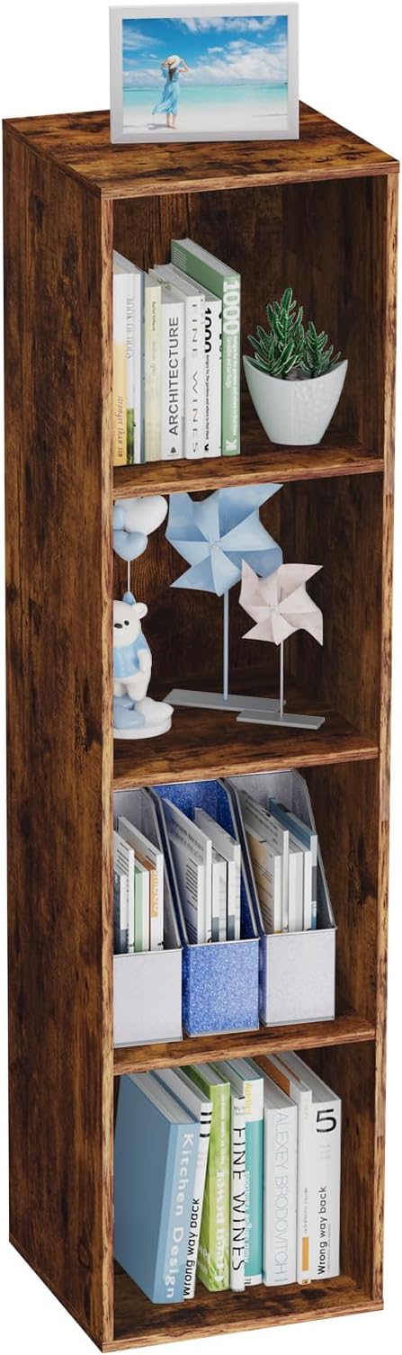 4 Tier Bookshelf, Freestanding Corner Storage Shelve Book Case for Narrow Space, 4 Cube Storage Organizer Small Bookcase for Home Office Living Room (Retro Brown, 4 Cube)