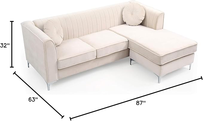Glory Furniture Delray Velvet Sofa Chaise in Ivory