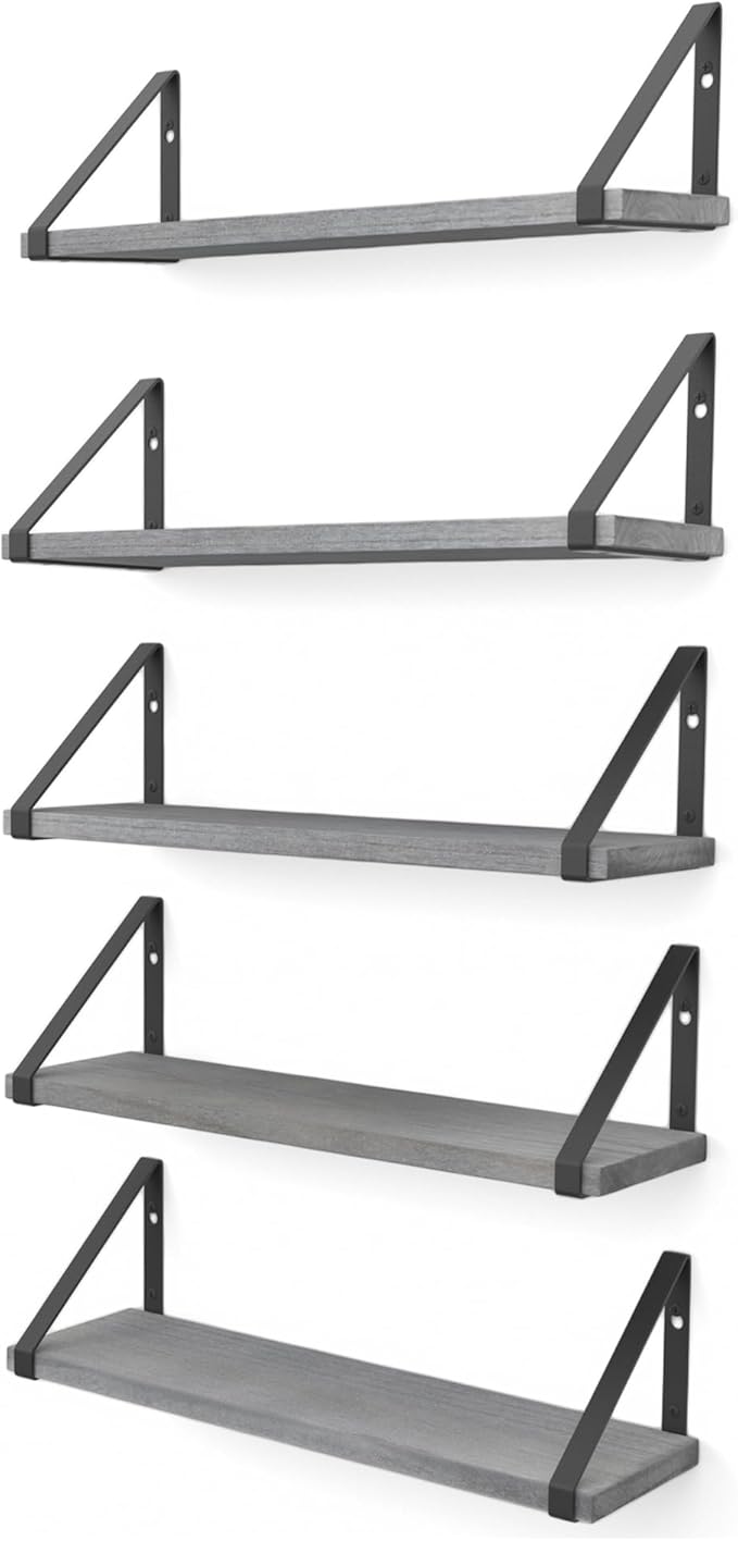Wallniture Ponza 17'' x 4.5'' Floating Wall Shelf Bathroom, Small Wood Book Shelves for Wall Storage, Wall Mounted Shelf, Dining Room, Bedroom, Living Room, Office & Kitchen Organization, Gray, 5pcs