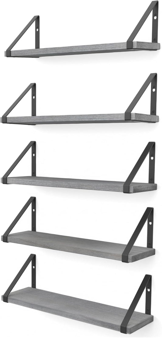 Wallniture Ponza 17'' x 4.5'' Floating Wall Shelf Bathroom, Small Wood Book Shelves for Wall Storage, Wall Mounted Shelf, Dining Room, Bedroom, Living Room, Office & Kitchen Organization, Gray, 5pcs