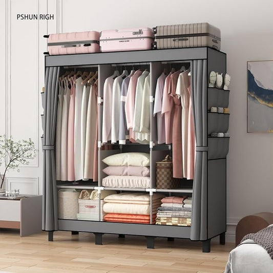 Portable Closet, 51.18" Large Capacity Clothing Storage Organizer with 3 Hanging Rods 6 Shelves 18 Side Pockets, Dustproof Sturdy Wardrobe for Bedroom Dorm Rental Apartment(Grey, Large)
